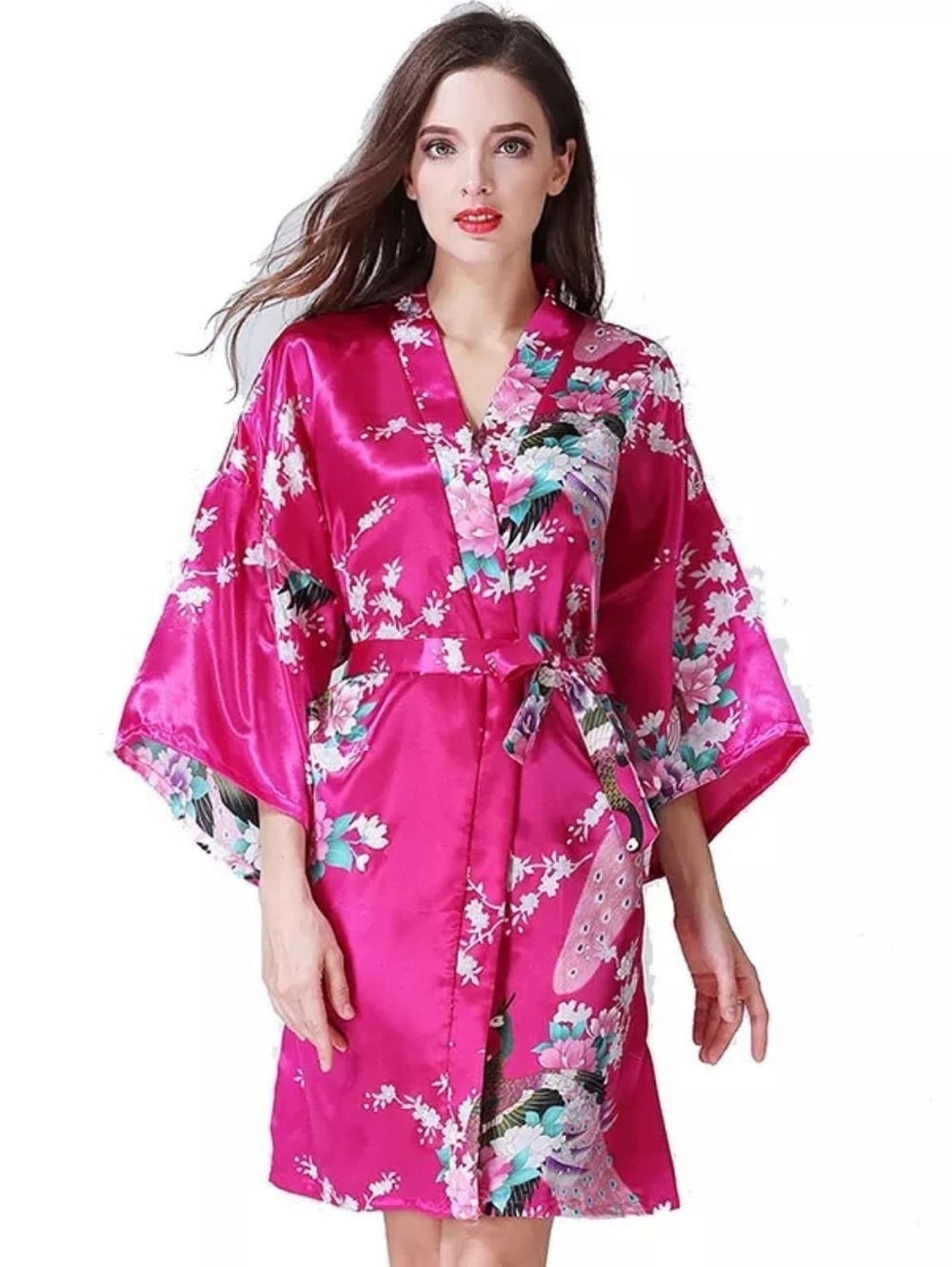 Satin Floral Kimono Robe - Hot Pink